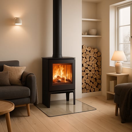 A sleek black woodburning stove installed on a clear glass hearth set in a warm and inviting Scandinavianinspired living room The environment features whitepainted walls natural wood flooring and smooth minimalist furniture Soft seatinga charcoalcolo-1