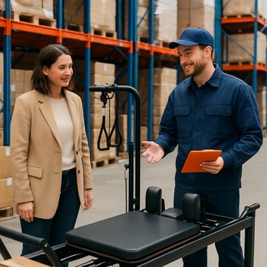 a customer visiting our warehouse to view a pilates machine please put our warehouse worker in warehouse clothing